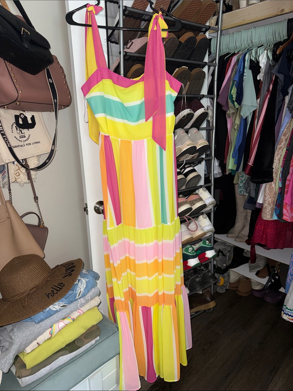 Flying Tomato Pink, Yellow & Green Multi-Stripe Tie-Shoulder Maxi Dress